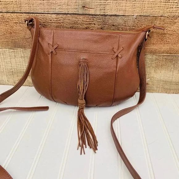 Lucky Brand Carmen Camel Tan Leather Tassel Boho Hobo Shoulder Bag - Picture 3 of 9